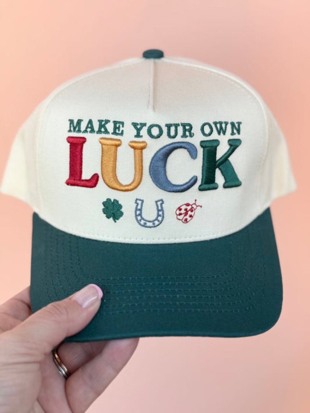 Make Your Own Luck Embroidered Trucker Hat Lucky Clover Horseshoe Cap Two Tone
